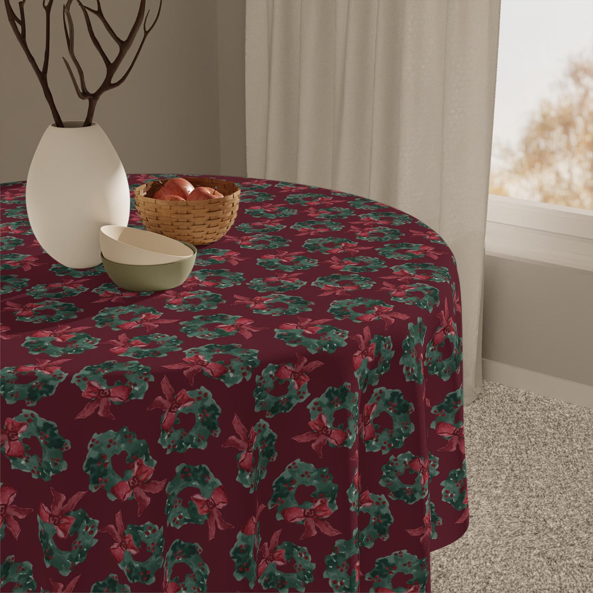 Festive Christmas Wreath Tablecloth, Cranberry Green Holiday Decor (55.1" × 55.1")