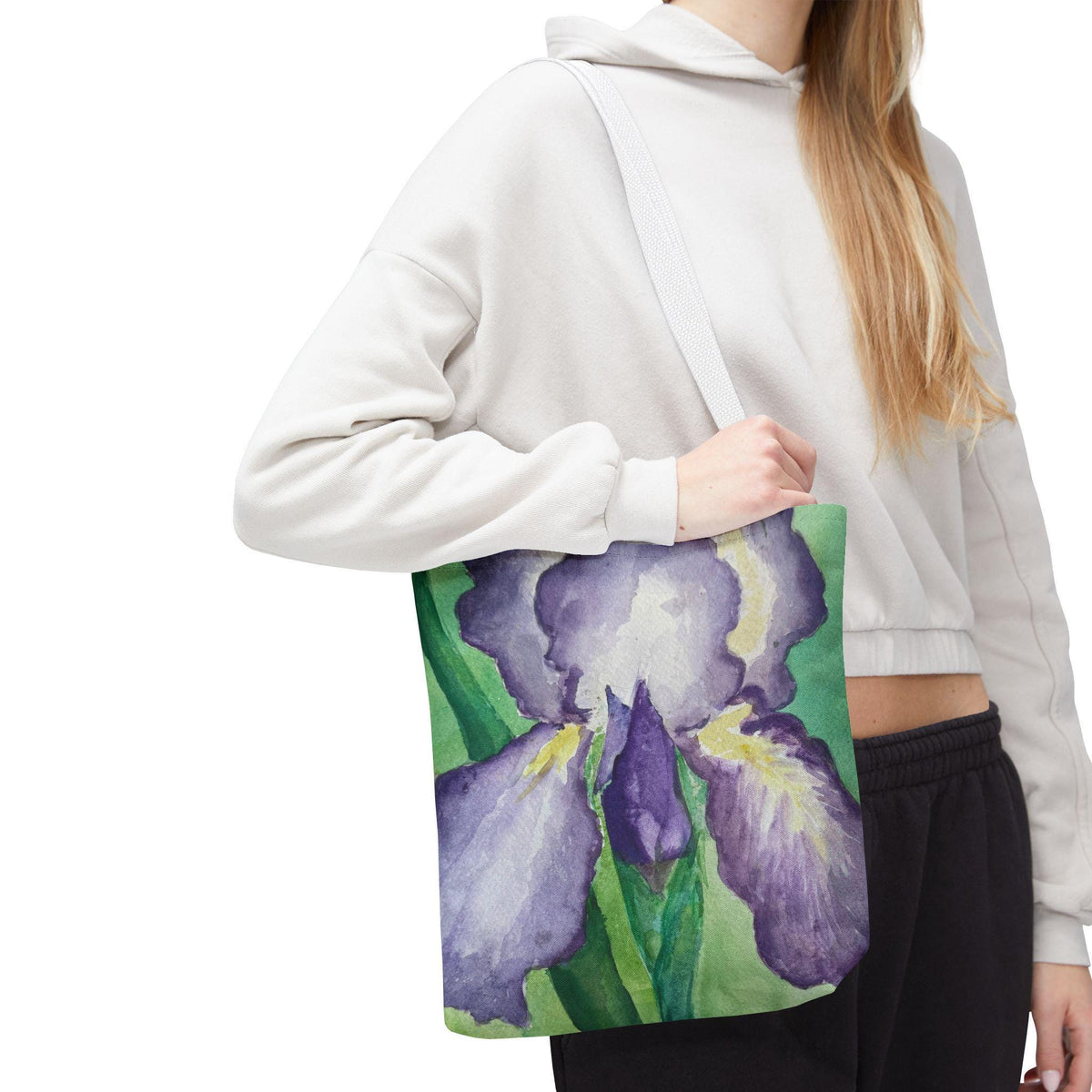 Purple Iris Watercolor Tote Bag: Botanical Garden Art Shoulder Bag