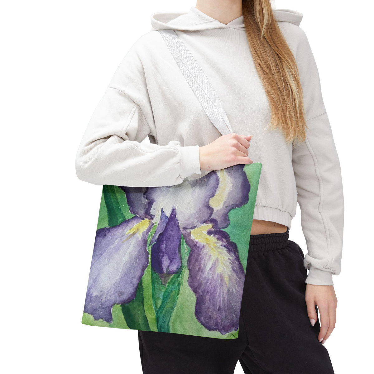 Purple Iris Watercolor Tote Bag: Botanical Garden Art Shoulder Bag