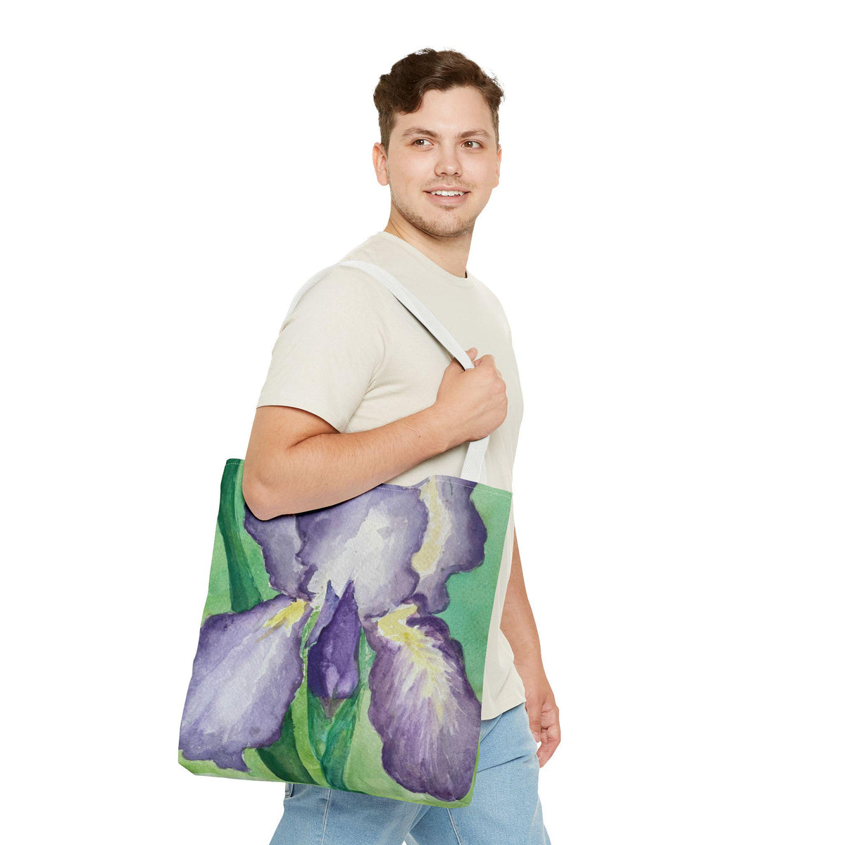 Purple Iris Watercolor Tote Bag: Botanical Garden Art Shoulder Bag