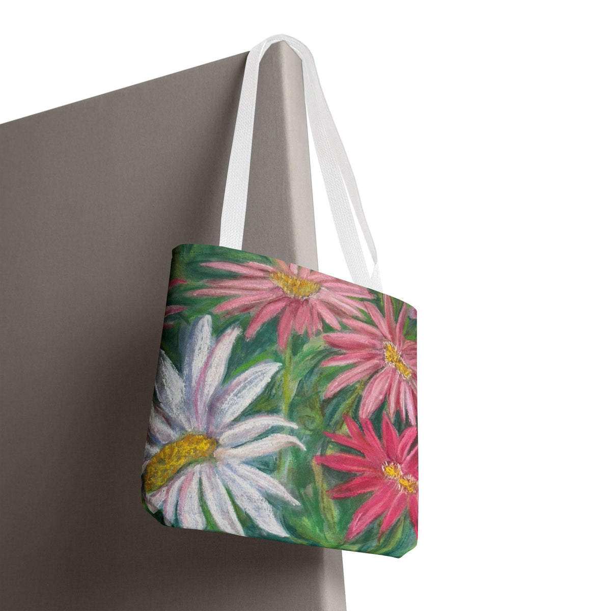 Pink Daisy Watercolor Tote Bag: Floral Garden Shoulder Bag