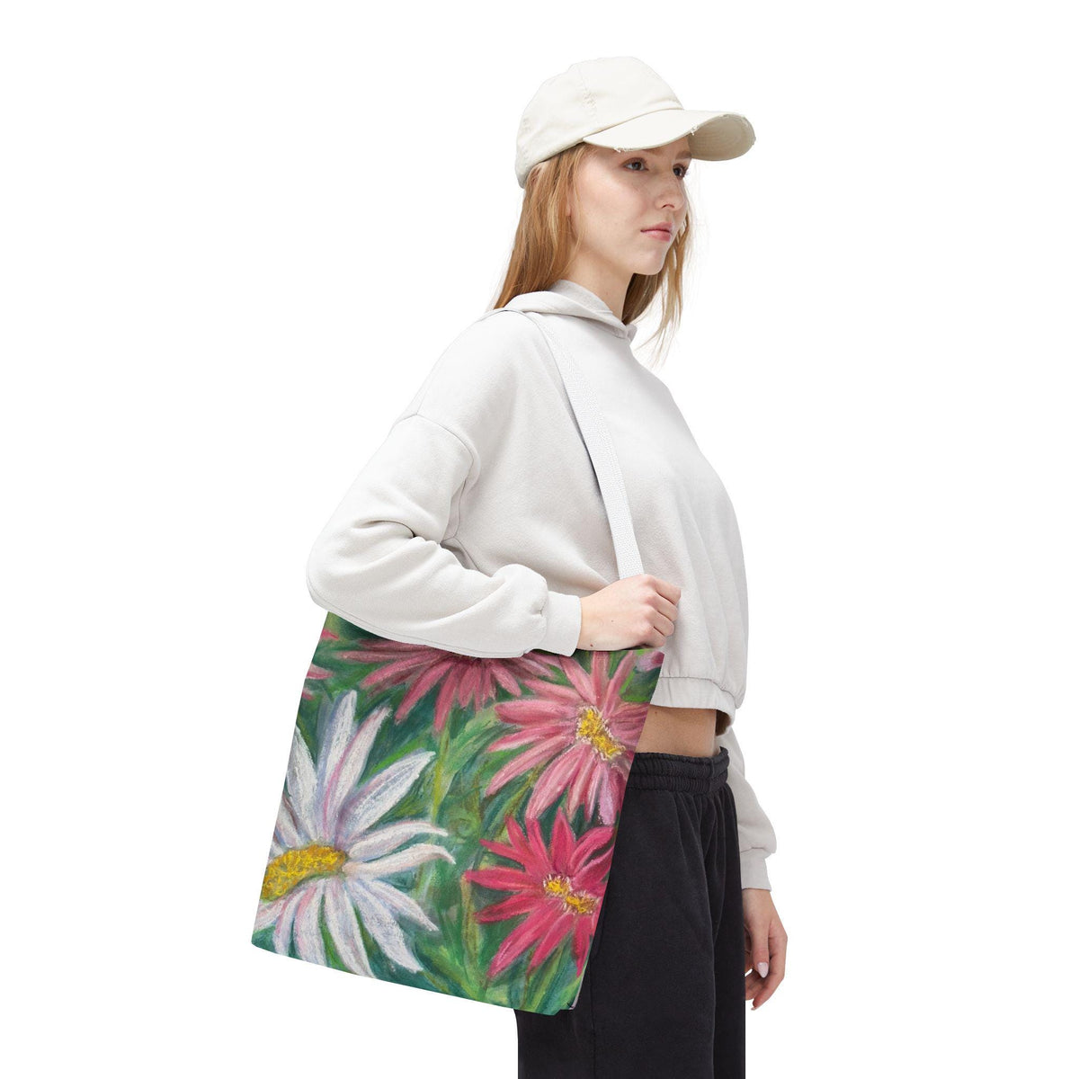 Pink Daisy Watercolor Tote Bag: Floral Garden Shoulder Bag