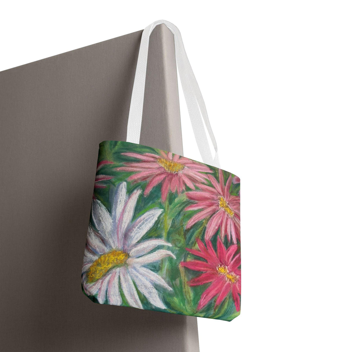 Pink Daisy Watercolor Tote Bag: Floral Garden Shoulder Bag
