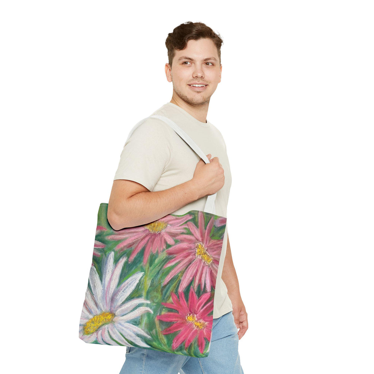 Pink Daisy Watercolor Tote Bag: Floral Garden Shoulder Bag