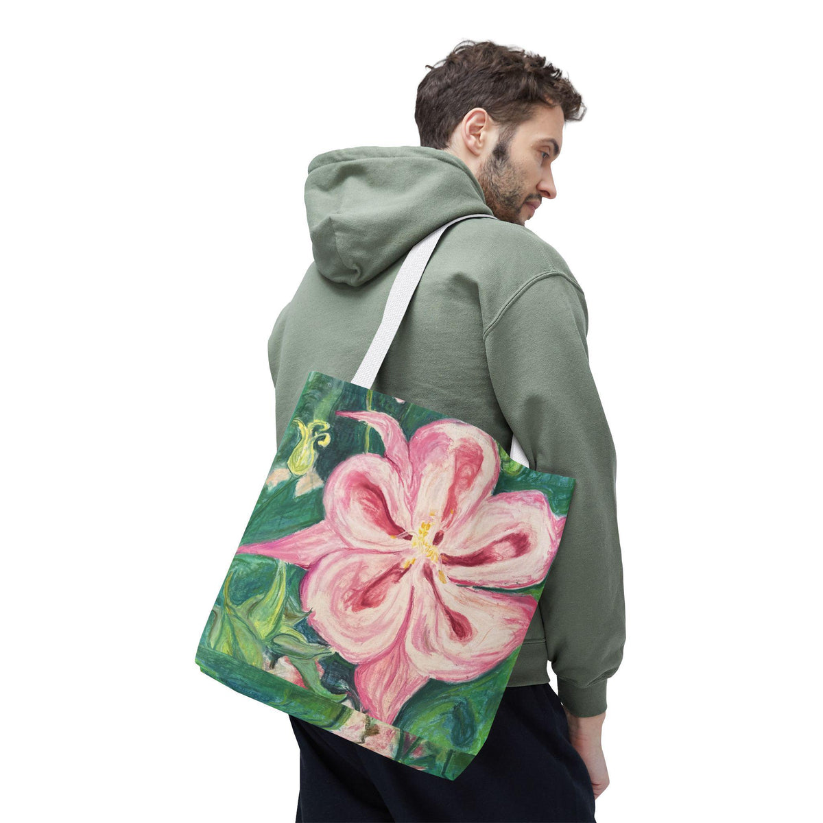 Hand-Painted Pink Columbine Tote Bag | Romantic Floral Market Carryall