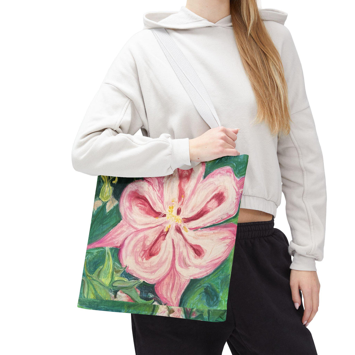 Hand-Painted Pink Columbine Tote Bag | Romantic Floral Market Carryall