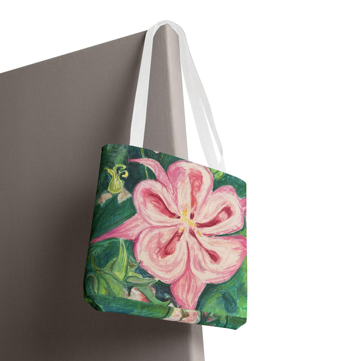 Hand-Painted Pink Columbine Tote Bag | Romantic Floral Market Carryall