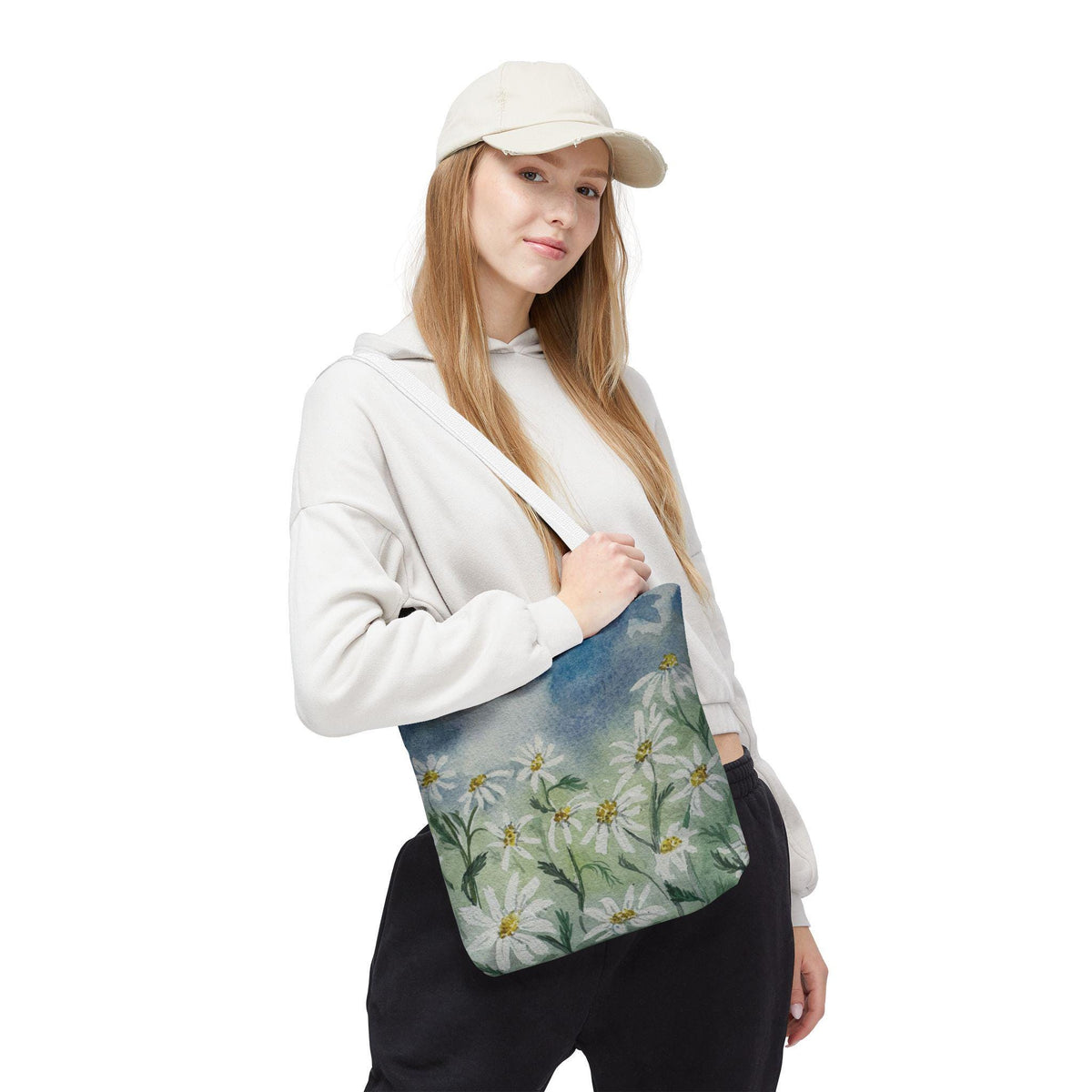 Watercolor Daisy Tote Bag, Floral Market Tote, Botanical Meadow Print