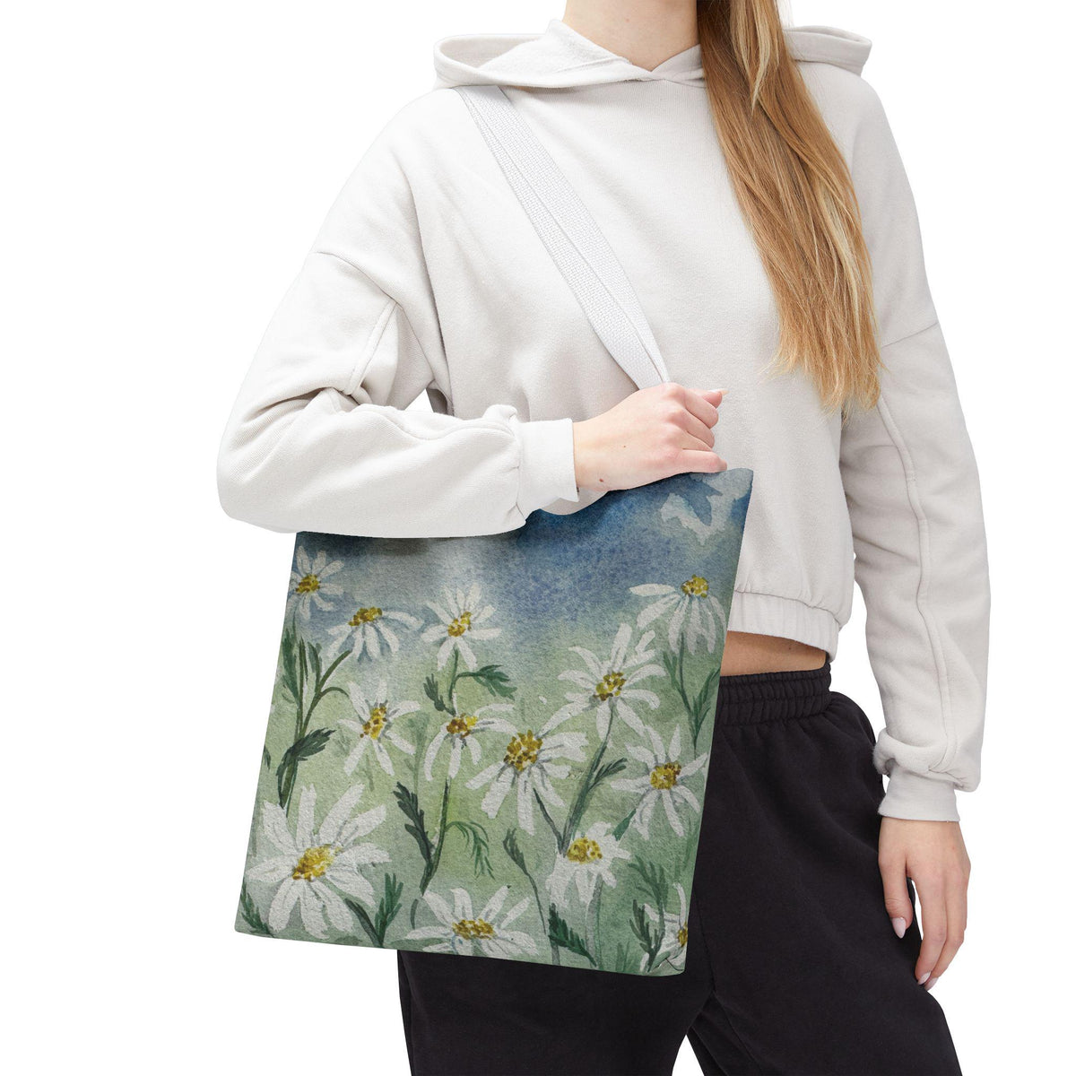 Watercolor Daisy Tote Bag, Floral Market Tote, Botanical Meadow Print