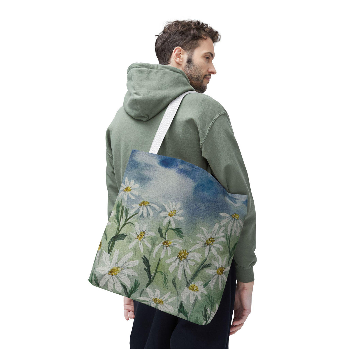 Watercolor Daisy Tote Bag, Floral Market Tote, Botanical Meadow Print