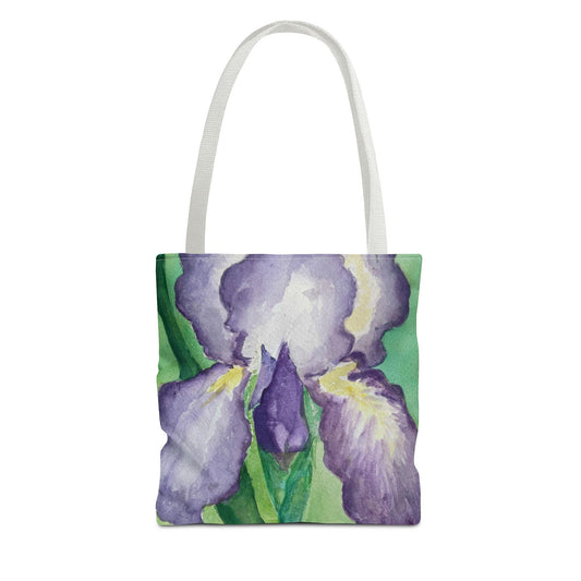 Tote bag with a large hand-painted purple iris on a soft green watercolor background, by Kathryn Young