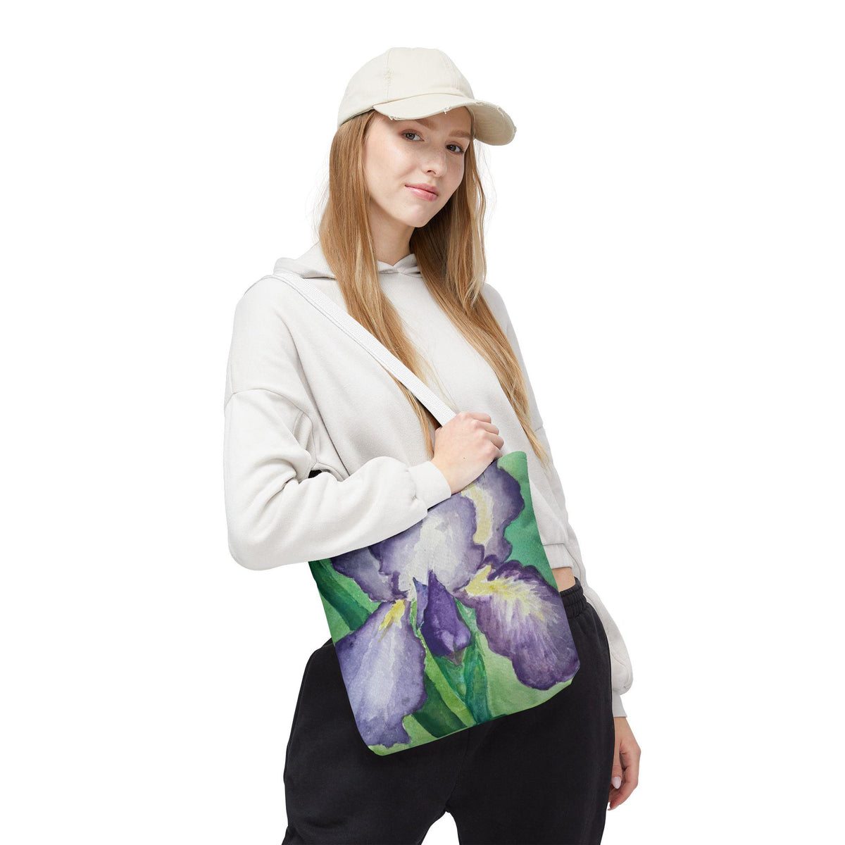 Purple Iris Watercolor Tote Bag: Botanical Garden Art Shoulder Bag