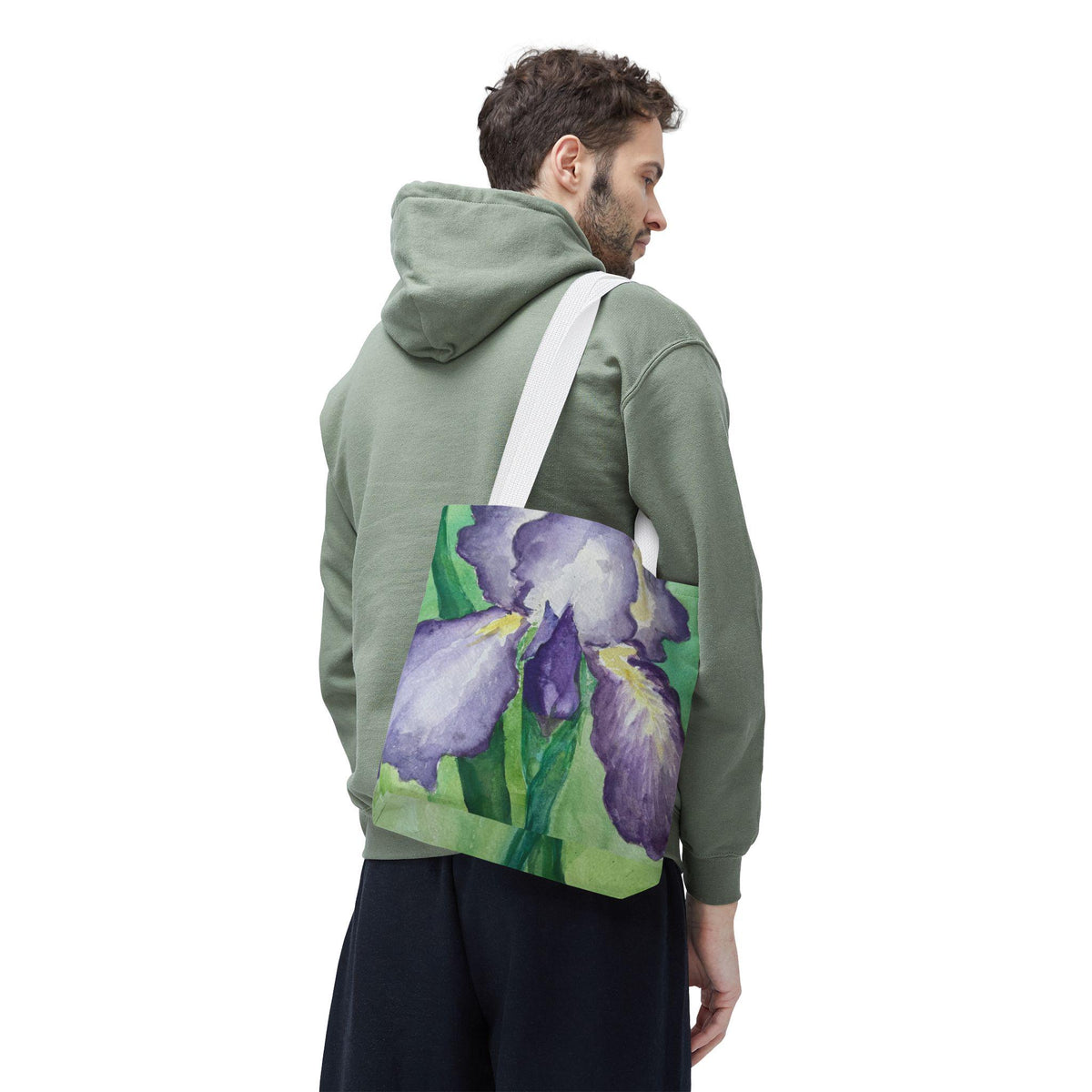 Purple Iris Watercolor Tote Bag: Botanical Garden Art Shoulder Bag