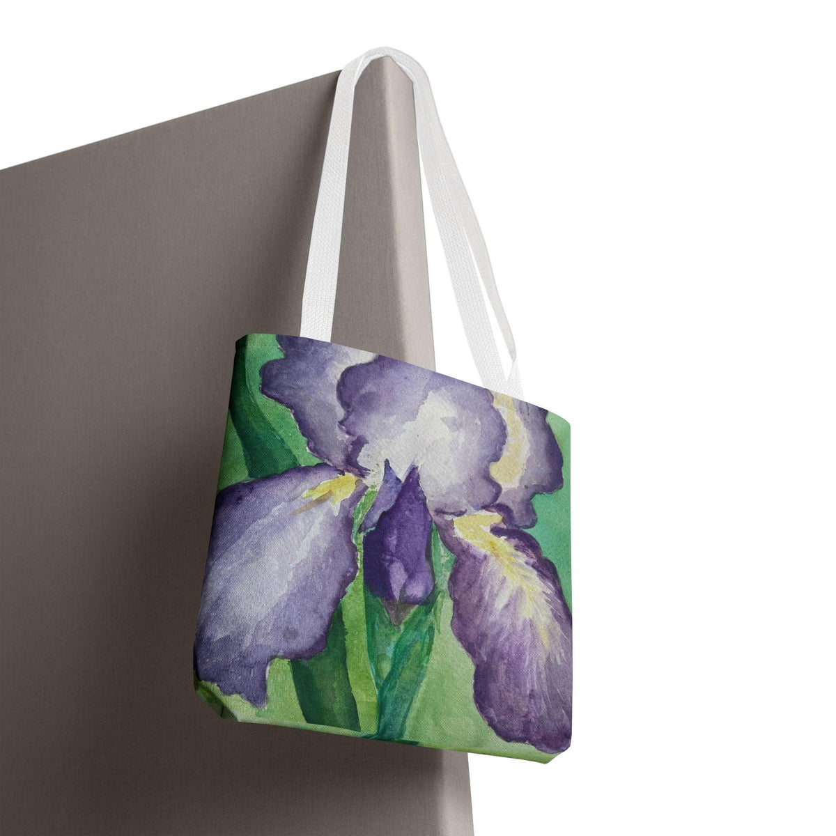 Purple Iris Watercolor Tote Bag: Botanical Garden Art Shoulder Bag