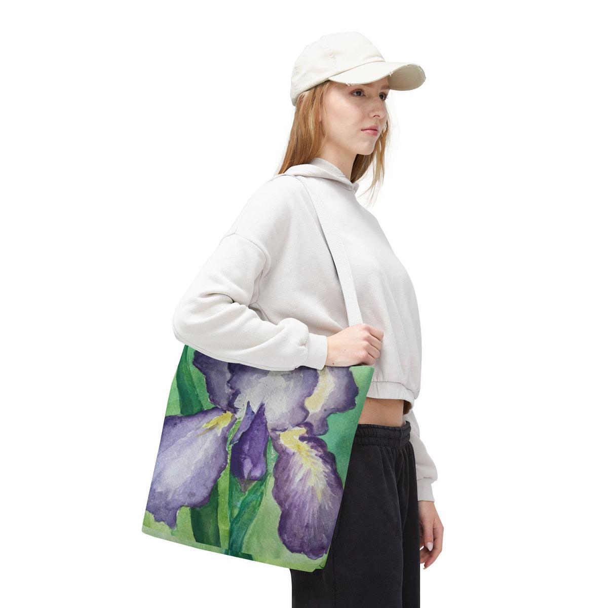 Purple Iris Watercolor Tote Bag: Botanical Garden Art Shoulder Bag