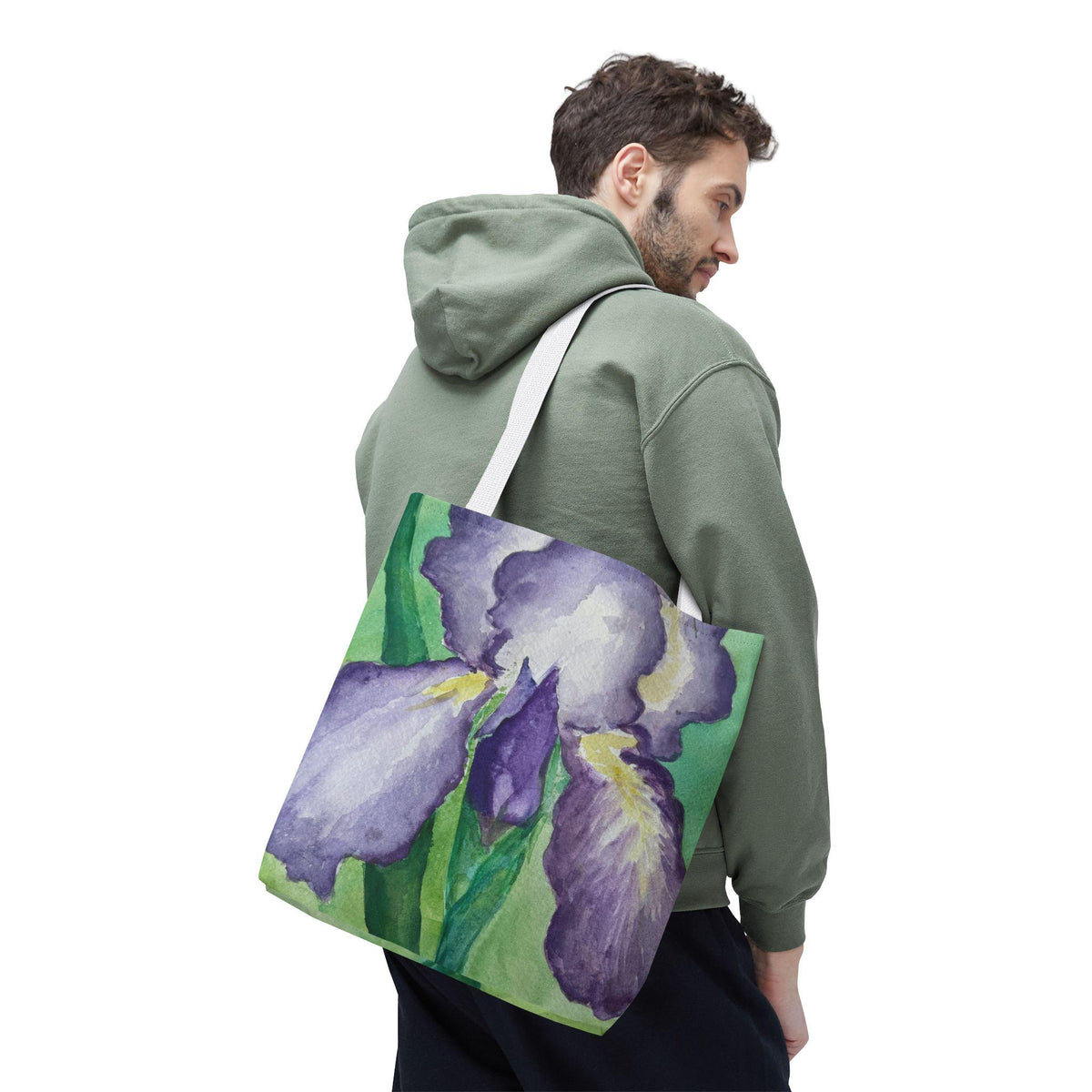 Purple Iris Watercolor Tote Bag: Botanical Garden Art Shoulder Bag