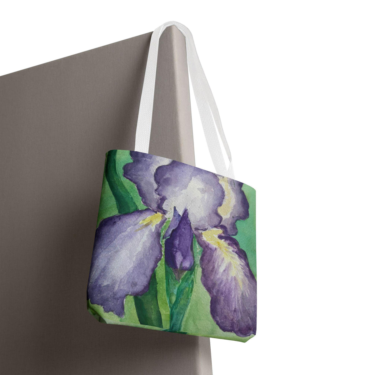 Purple Iris Watercolor Tote Bag: Botanical Garden Art Shoulder Bag