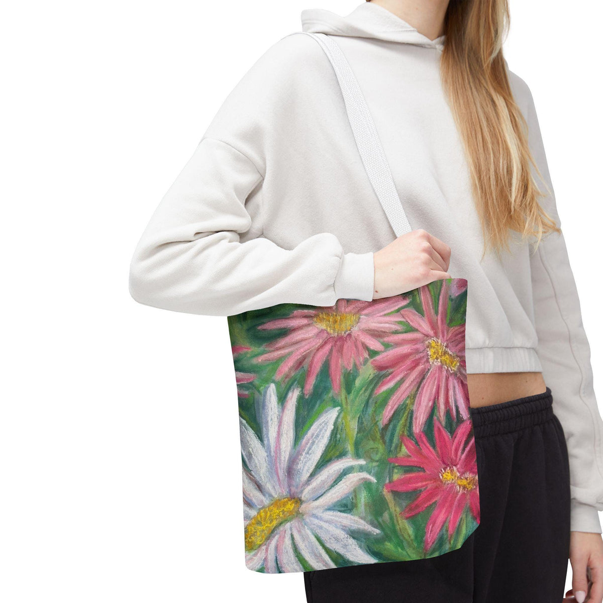 Pink Daisy Watercolor Tote Bag: Floral Garden Shoulder Bag