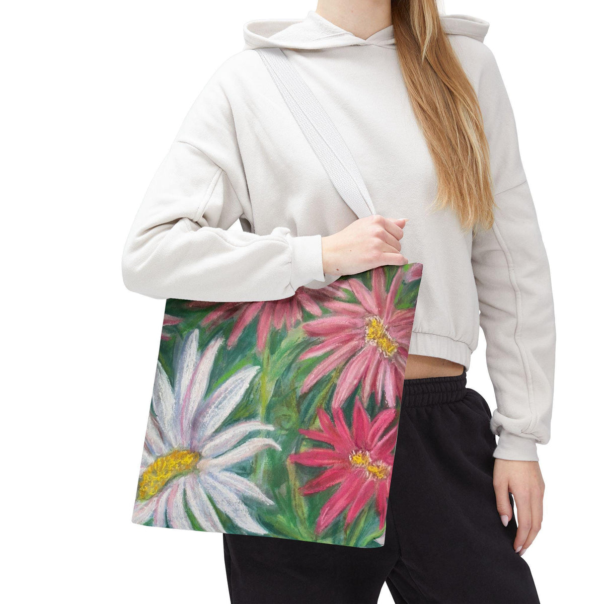 Pink Daisy Watercolor Tote Bag: Floral Garden Shoulder Bag