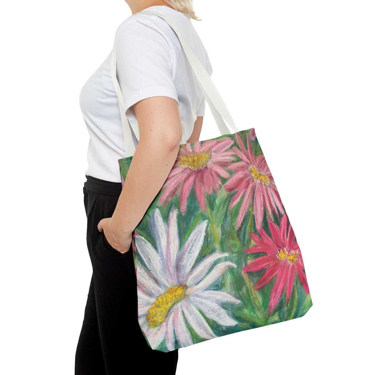 Pink Daisy Watercolor Tote Bag: Floral Garden Shoulder Bag