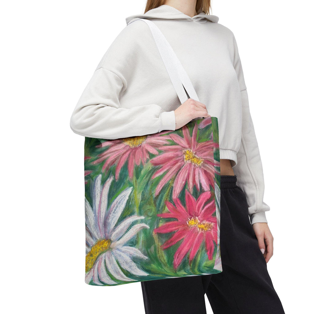 Pink Daisy Watercolor Tote Bag: Floral Garden Shoulder Bag
