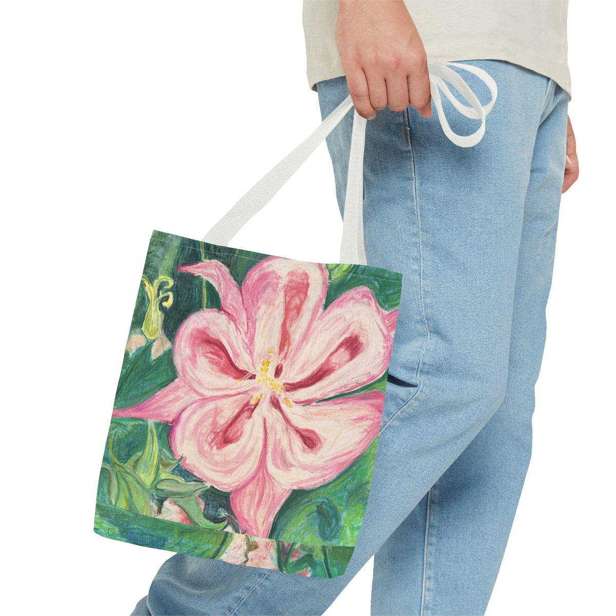 Hand-Painted Pink Columbine Tote Bag | Romantic Floral Market Carryall