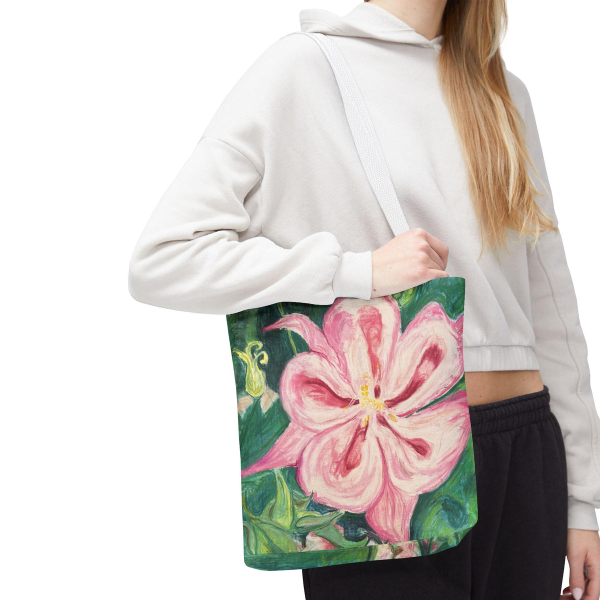 Hand-Painted Pink Columbine Tote Bag | Romantic Floral Market Carryall