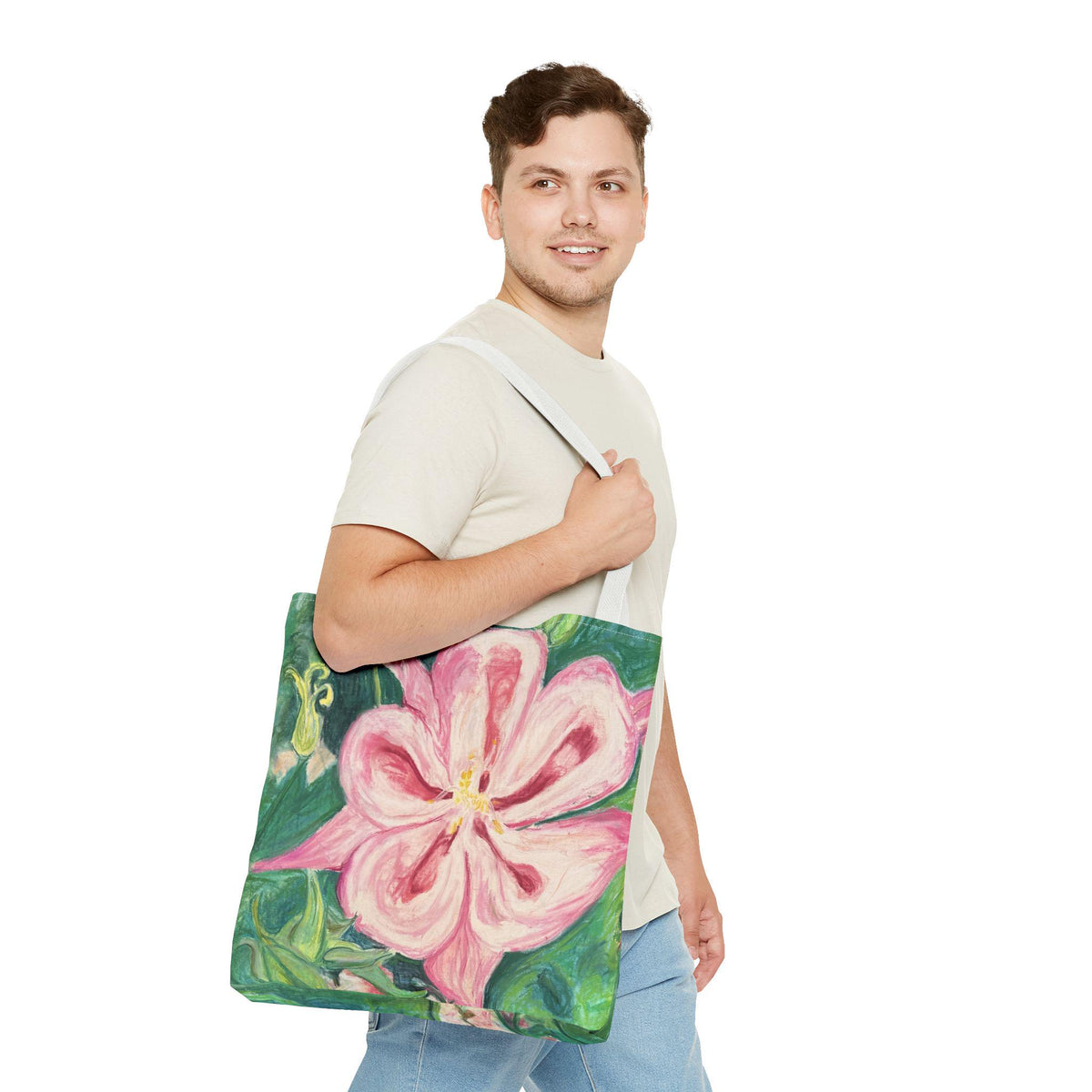 Hand-Painted Pink Columbine Tote Bag | Romantic Floral Market Carryall