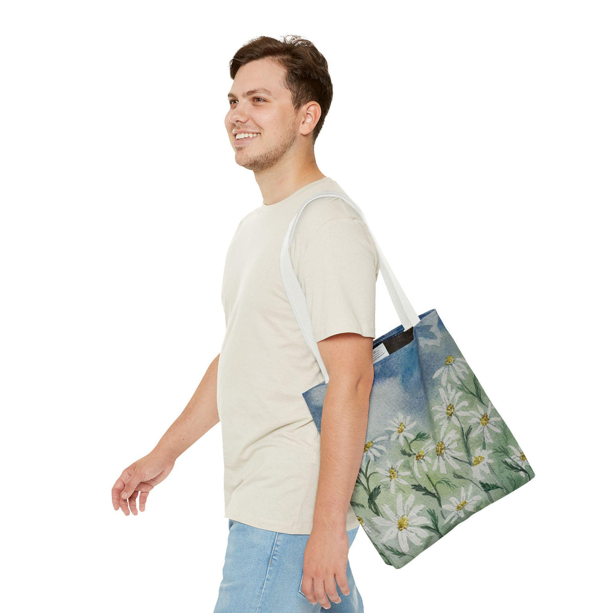 Watercolor Daisy Tote Bag, Floral Market Tote, Botanical Meadow Print