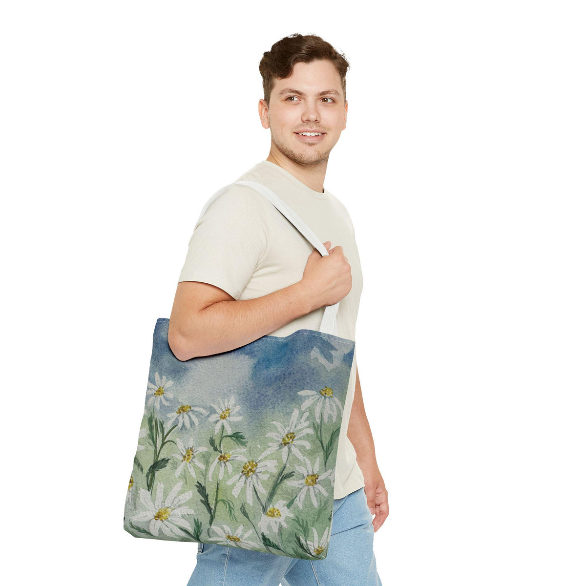 Watercolor Daisy Tote Bag, Floral Market Tote, Botanical Meadow Print