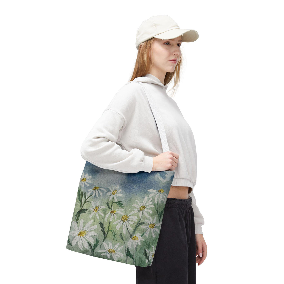 Watercolor Daisy Tote Bag, Floral Market Tote, Botanical Meadow Print