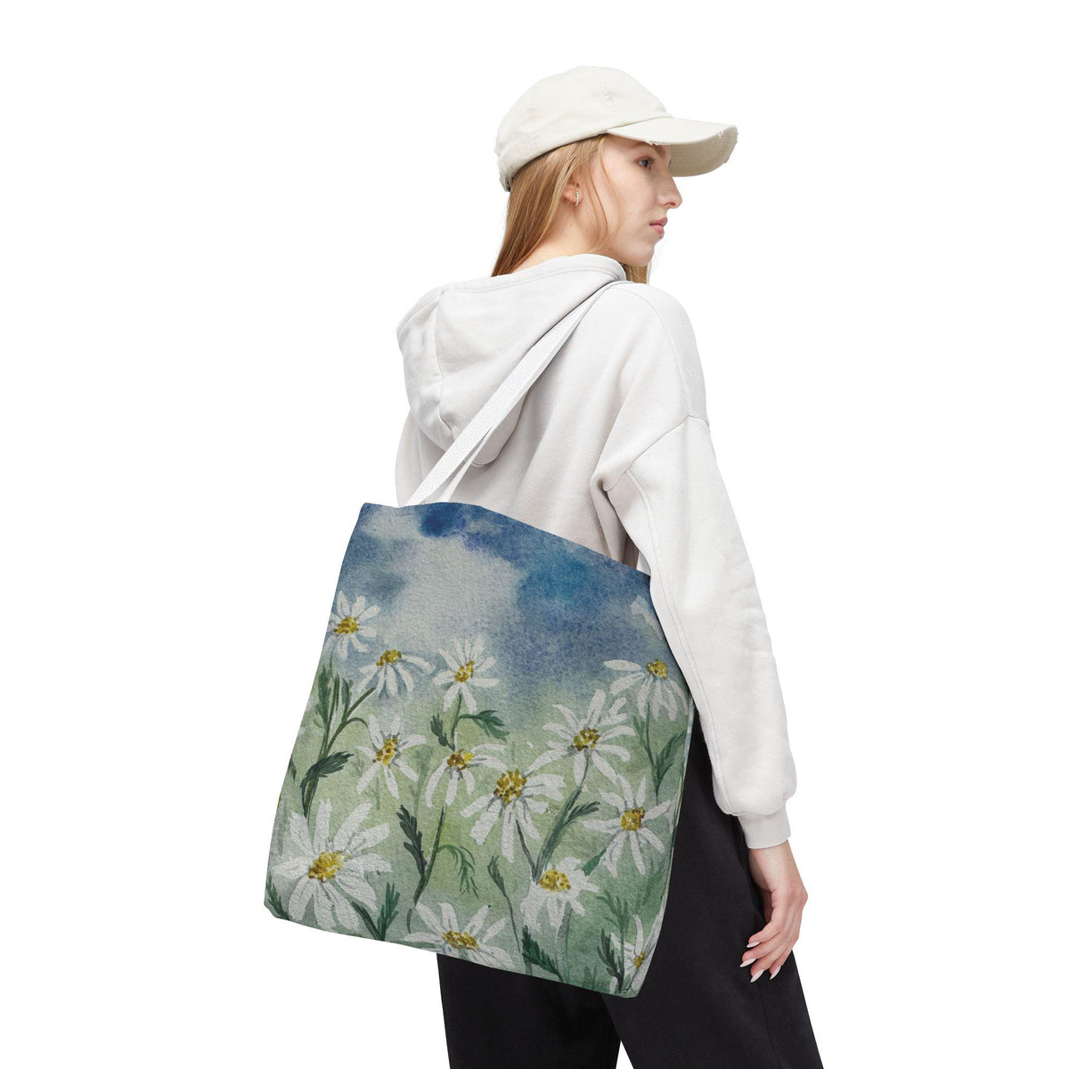 Watercolor Daisy Tote Bag, Floral Market Tote, Botanical Meadow Print