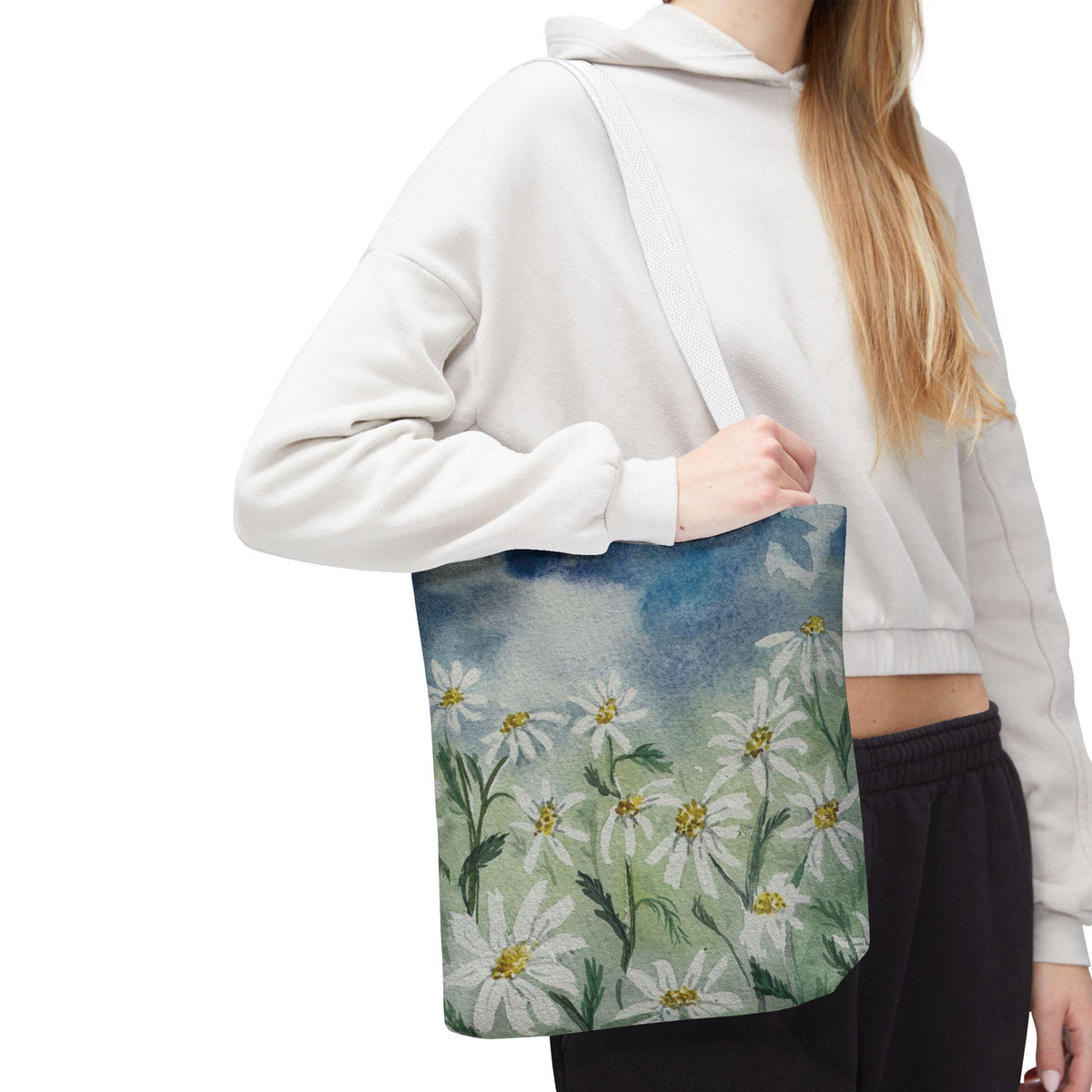 Watercolor Daisy Tote Bag, Floral Market Tote, Botanical Meadow Print