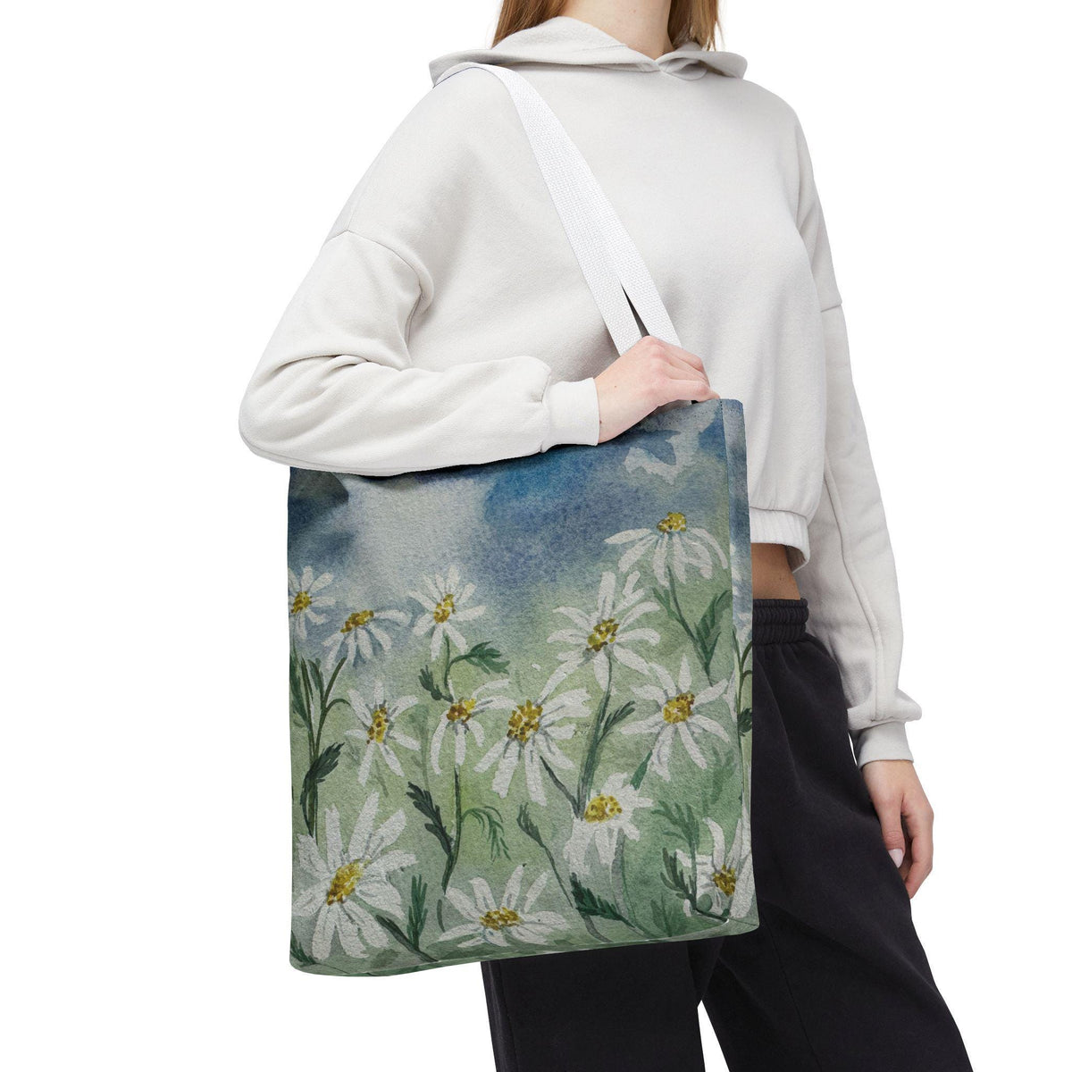 Watercolor Daisy Tote Bag, Floral Market Tote, Botanical Meadow Print