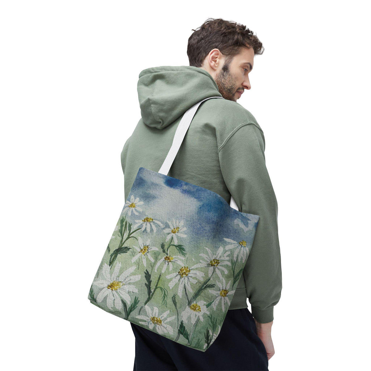 Watercolor Daisy Tote Bag, Floral Market Tote, Botanical Meadow Print