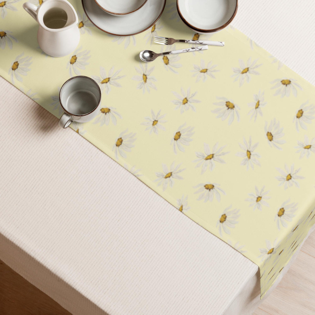 Table runner with watercolor daisies and honey centers on butter yellow