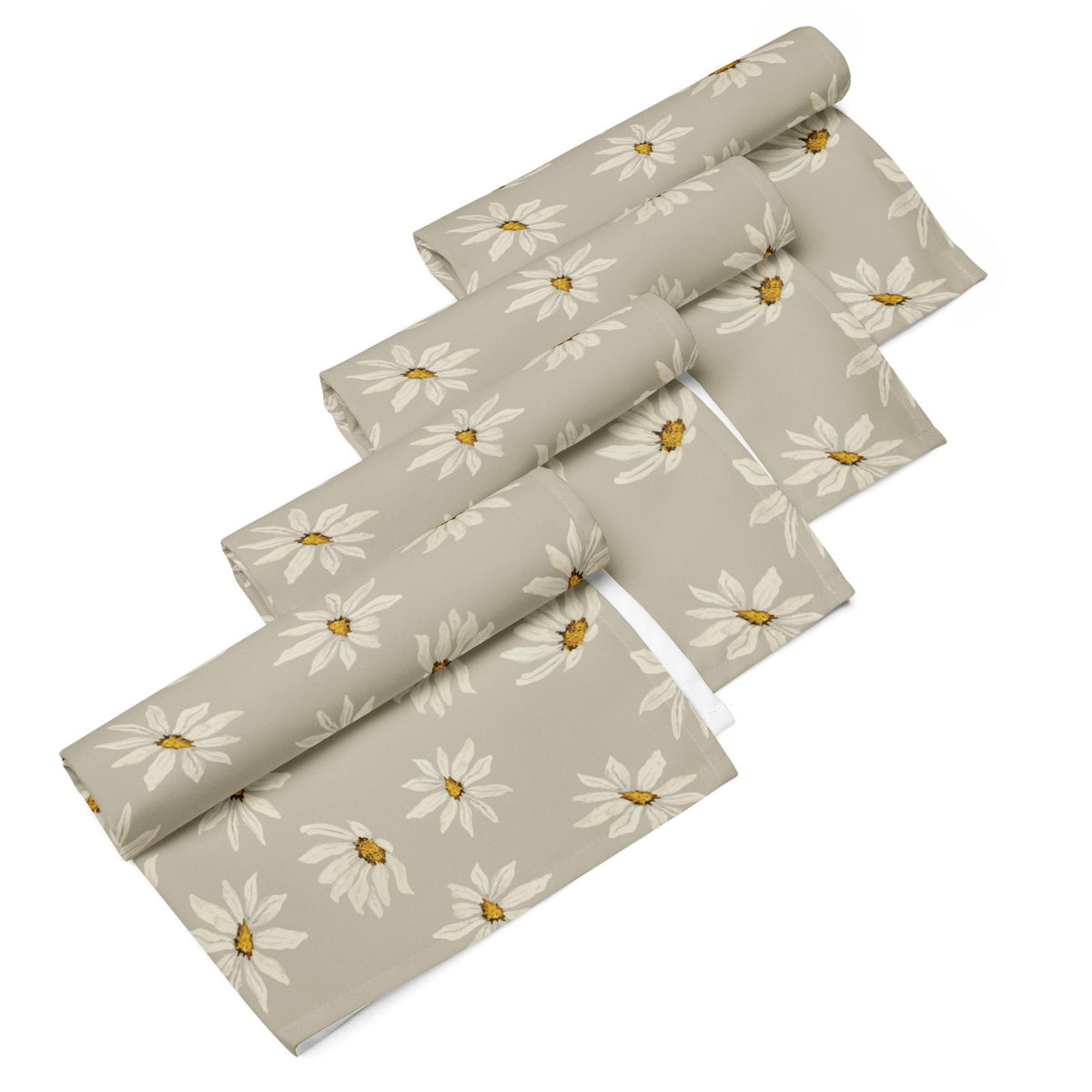 Cream Daisies on Stone Taupe Ground Cloth Napkin Set Beige Floral Dinner Napkins Farmhouse Wedding Decor