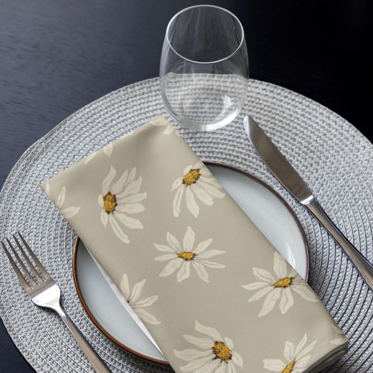 Cream Daisies on Stone Taupe Ground Cloth Napkin Set Beige Floral Dinner Napkins Farmhouse Wedding Decor