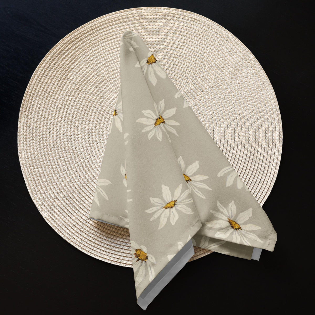 Cream Daisies on Stone Taupe Ground Cloth Napkin Set Beige Floral Dinner Napkins Farmhouse Wedding Decor