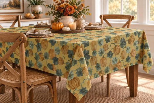 Cotton tablecloth with rustic orange pumpkins and sage green leaves on mustard yellow