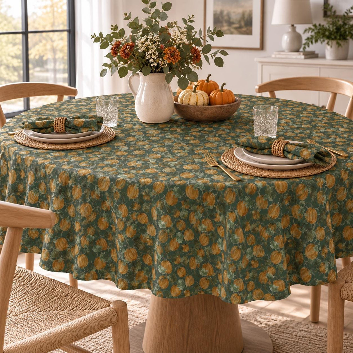Fall Retro Pumpkin Patch - Forest Green Cotton Twill Tablecloth 2 Sizes