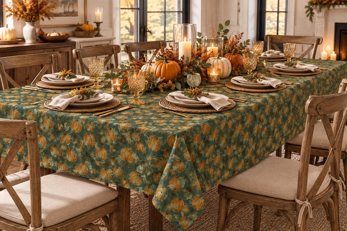 Cotton tablecloth with watercolor pumpkins, gourds and sage green vines on deep forest green