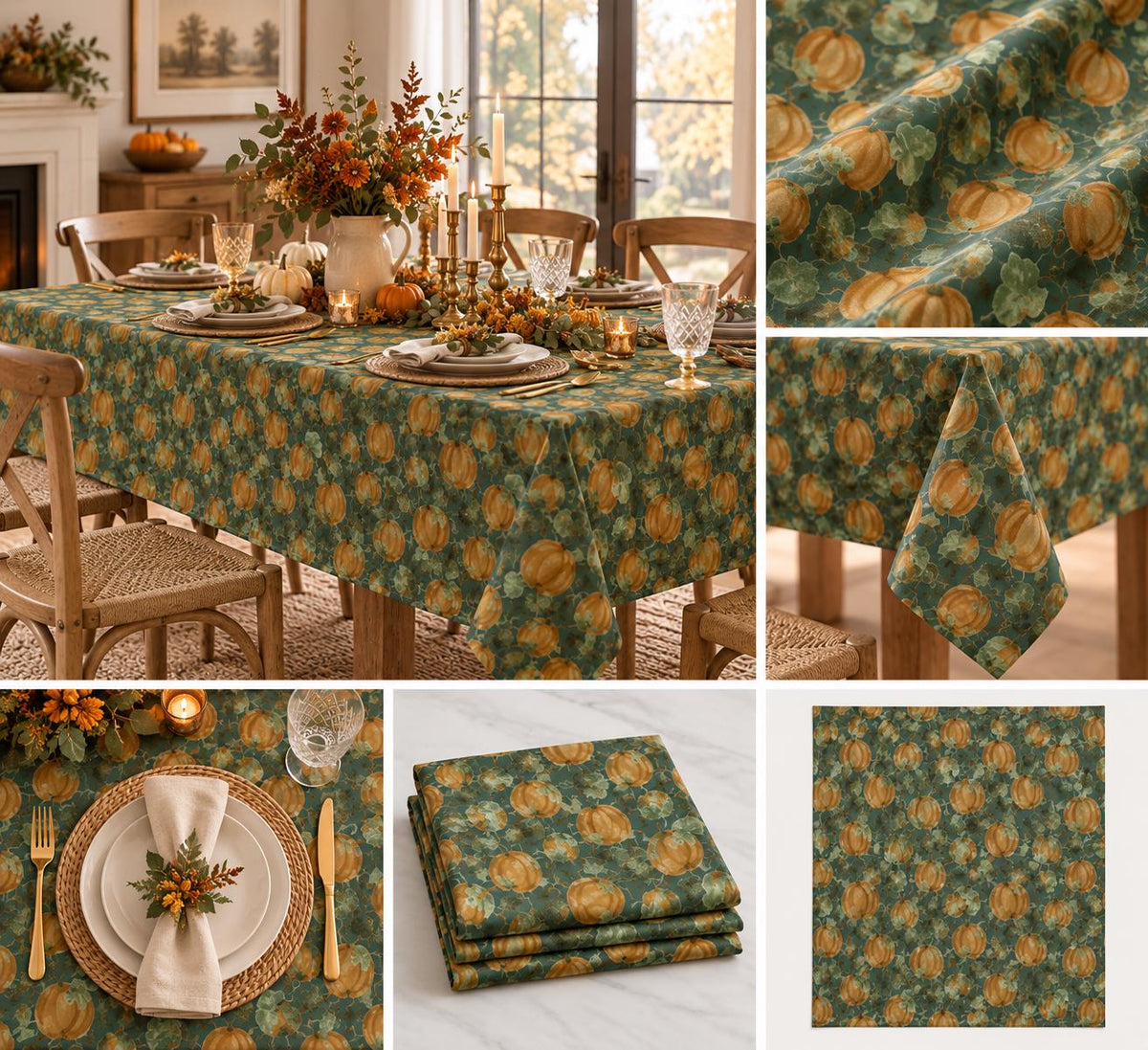 Fall Retro Pumpkin Patch - Forest Green Cotton Twill Tablecloth 2 Sizes