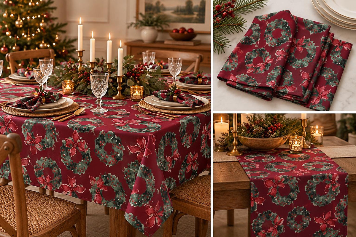 Festive Christmas Wreath Tablecloth, Cranberry Green Holiday Decor (55.1" × 55.1")