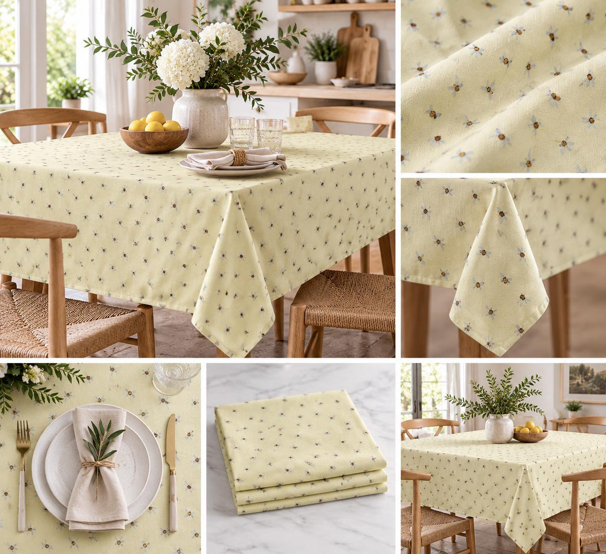 Sunny Daisy Cotton Tablecloth – Soft Yellow Floral Wedding, Shower,