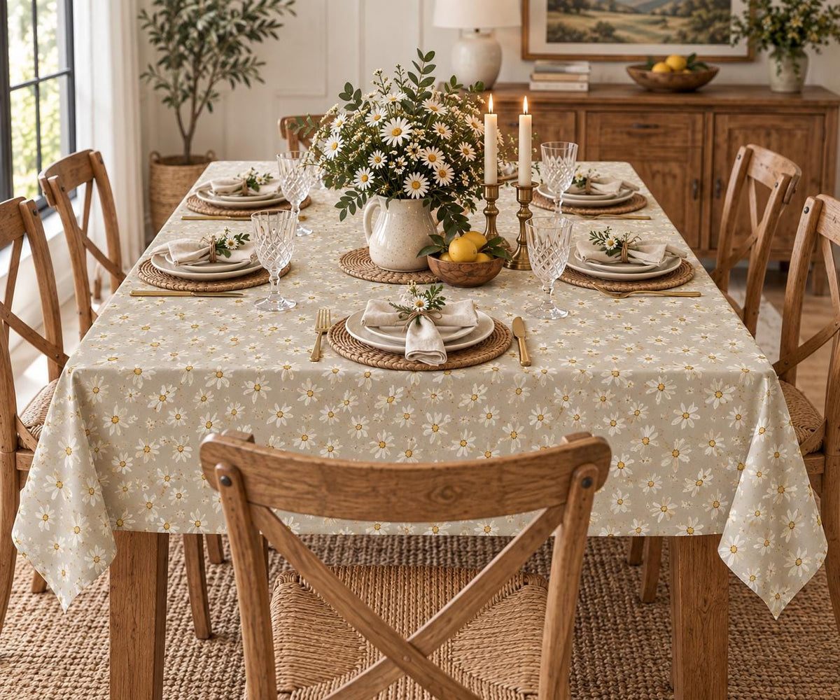 Cotton tablecloth with hand-painted cream daisies and golden centers on warm taupe