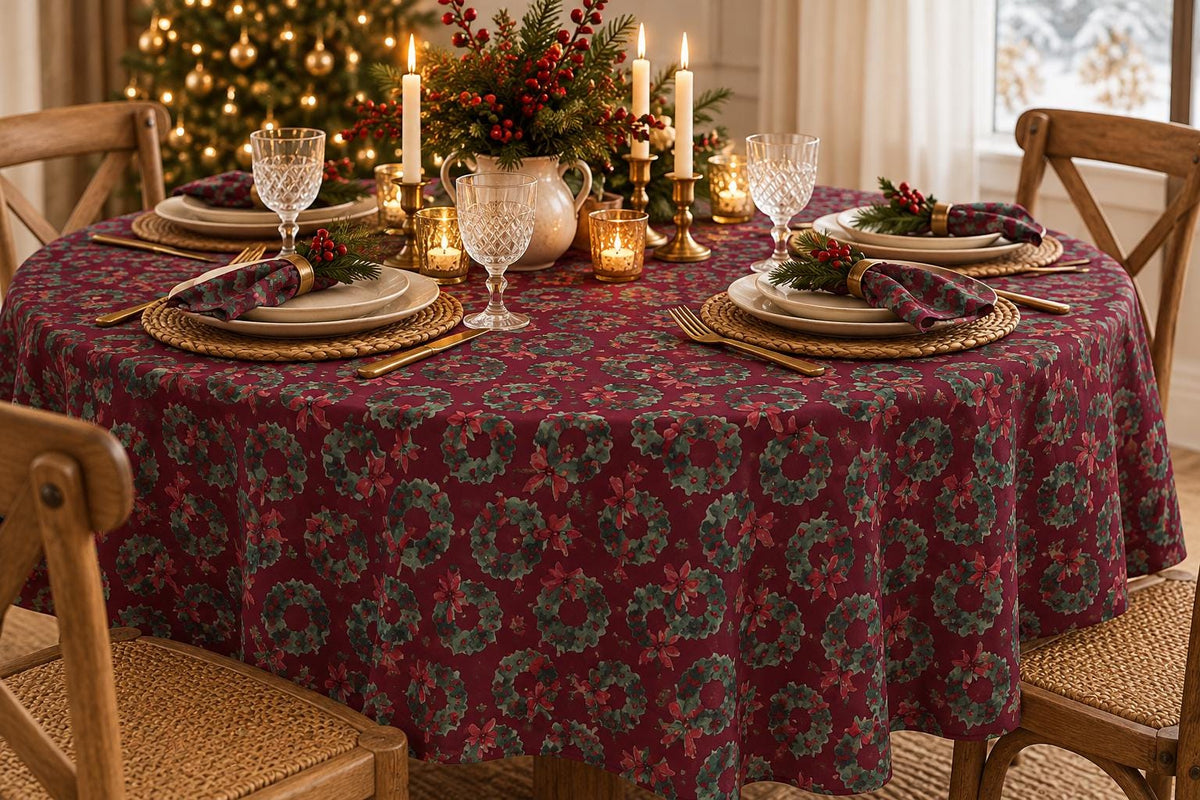 Holiday tablecloth with hand-painted watercolor wreaths and crimson bows in cranberry and evergreen