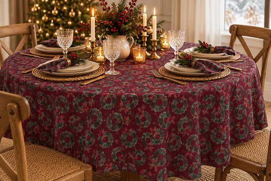 Holiday tablecloth with hand-painted watercolor wreaths and crimson bows in cranberry and evergreen