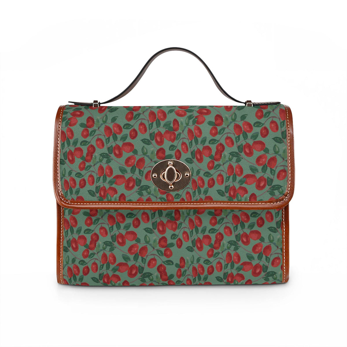 Waterproof canvas shoulder bag with vintage red cherry print on rich green and PU-leather handles