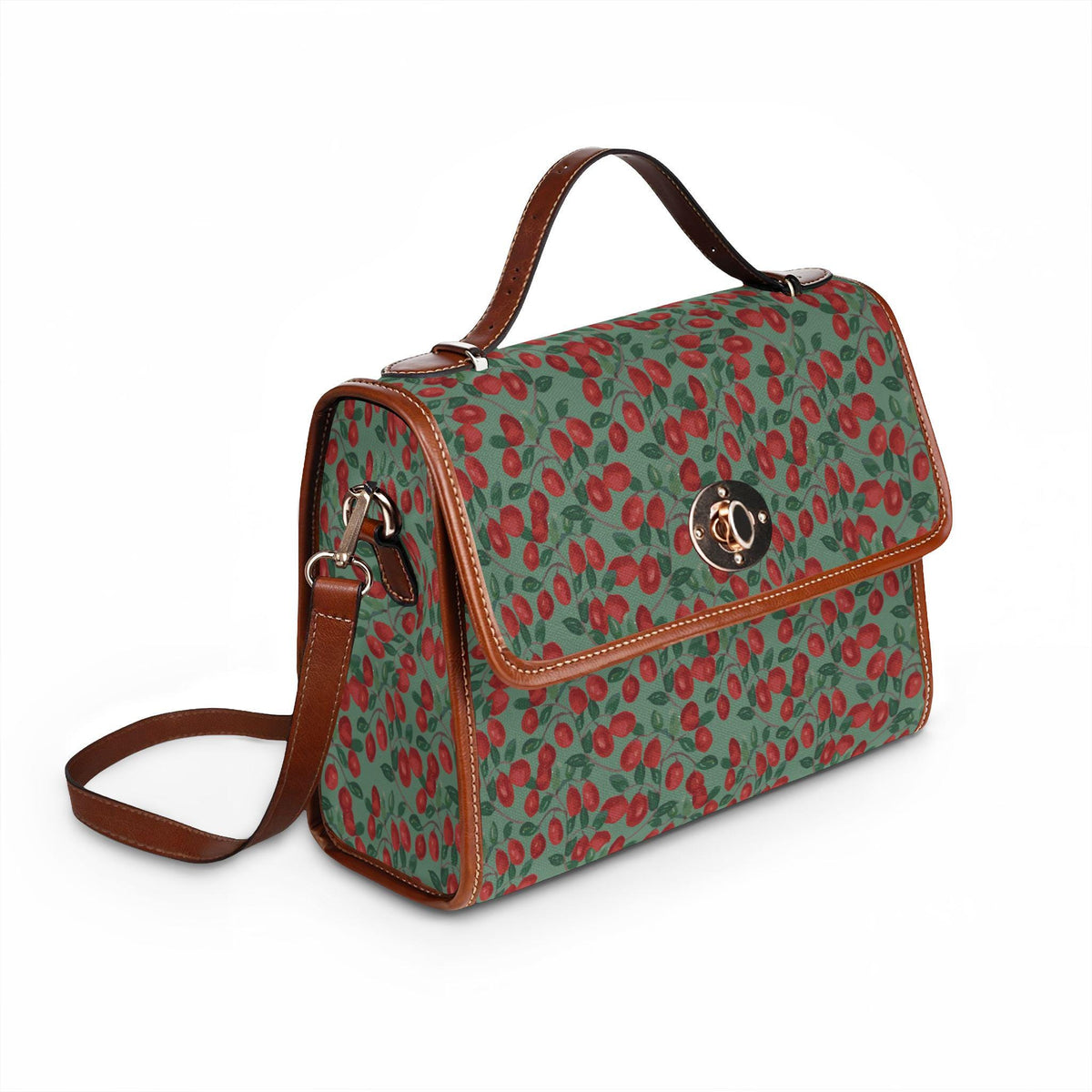 Red Cherry Pattern Waterproof Canvas Bag | Floral Fruit Print Tote